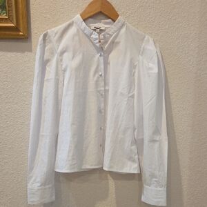 Madewell White Mandarin-Collar Beautiful Puff Long Sleeves Button Blouse